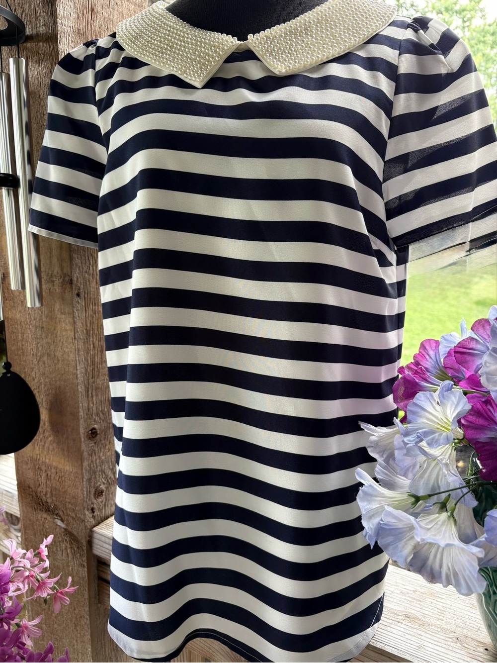 Anthropologie Pim + Larkin Navy & White Striped Faux Pearl Beaded Collar Blouse